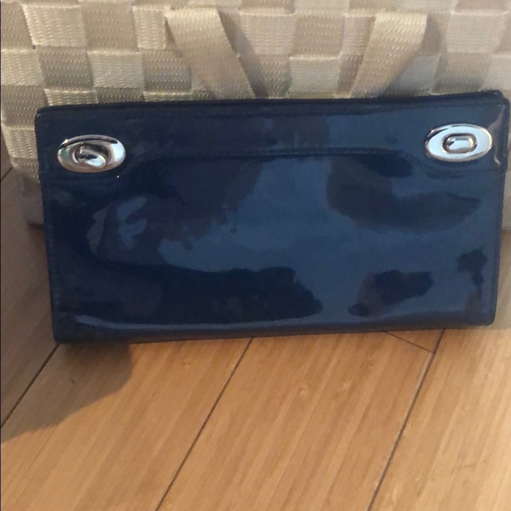 Faux patent leather navy blue clutch